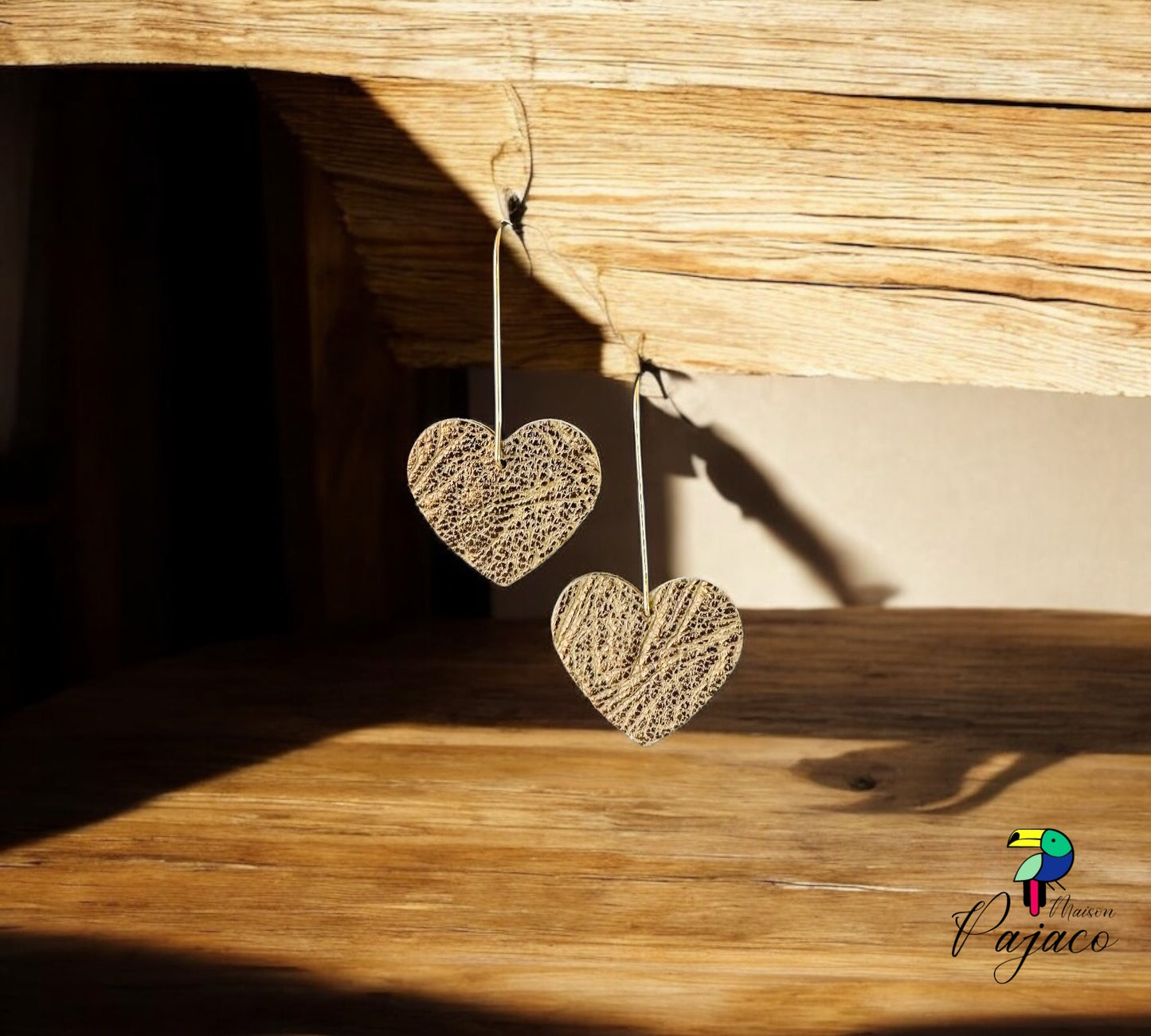 Boucles d'oreilles - Coeur léger - cuir effet bois