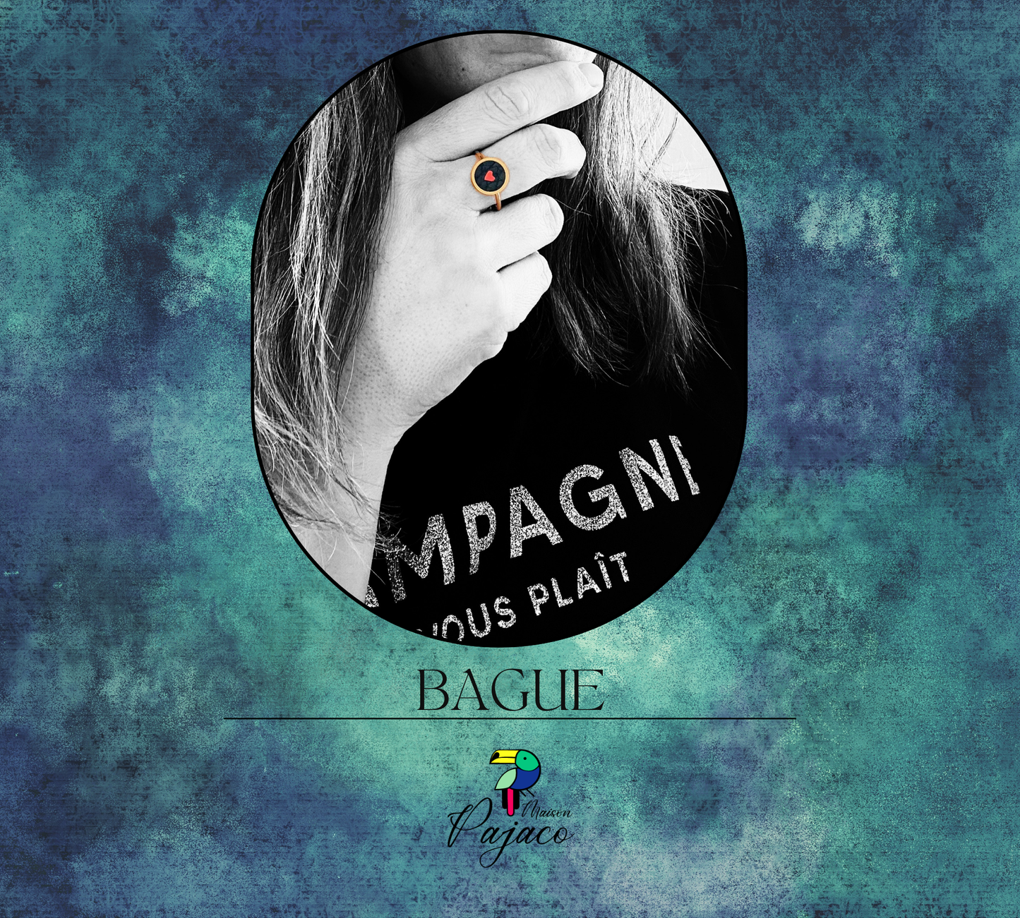 Bague dorée - Cuir noir coeur rouge